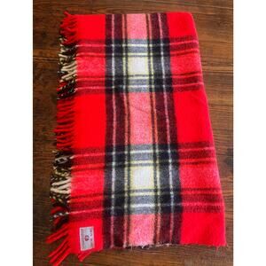 Vintage Troy Robe Wool Throw Fringe Blanket Tartan Red Plaid 64” x 57”